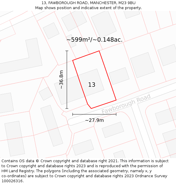 13, FAWBOROUGH ROAD, MANCHESTER, M23 9BU: Plot and title map
