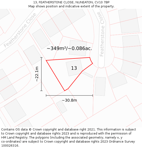 13, FEATHERSTONE CLOSE, NUNEATON, CV10 7BP: Plot and title map