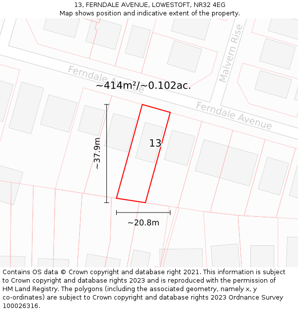 13, FERNDALE AVENUE, LOWESTOFT, NR32 4EG: Plot and title map