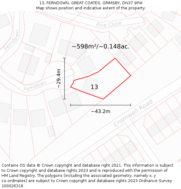 13, FERNDOWN, GREAT COATES, GRIMSBY, DN37 9PW: Plot and title map