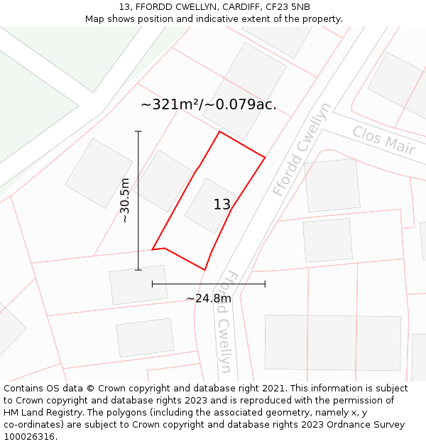 13, FFORDD CWELLYN, CARDIFF, CF23 5NB: Plot and title map