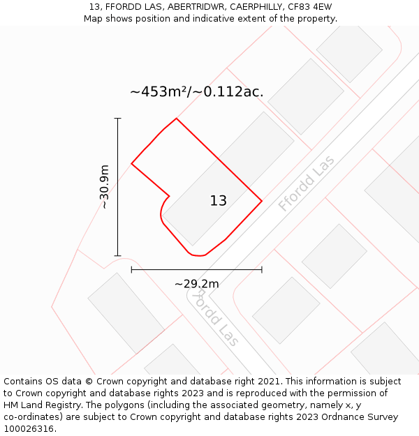 13, FFORDD LAS, ABERTRIDWR, CAERPHILLY, CF83 4EW: Plot and title map