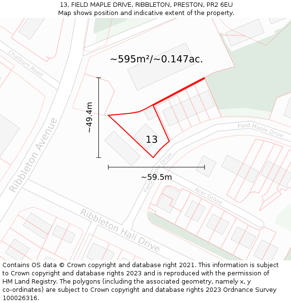 13, FIELD MAPLE DRIVE, RIBBLETON, PRESTON, PR2 6EU: Plot and title map