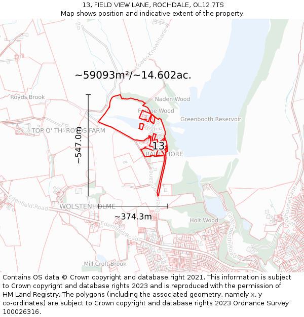 13, FIELD VIEW LANE, ROCHDALE, OL12 7TS: Plot and title map