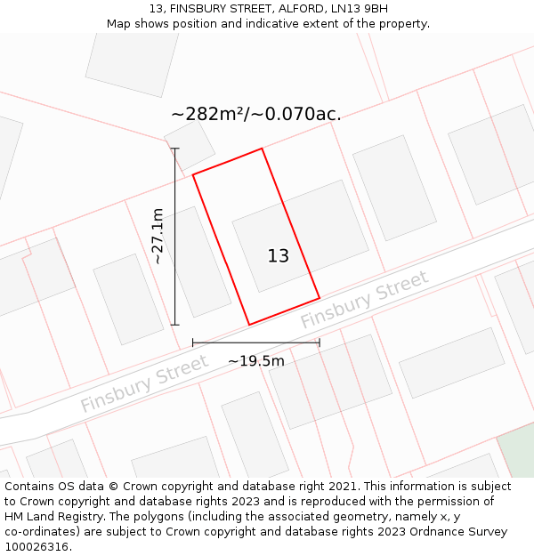 13, FINSBURY STREET, ALFORD, LN13 9BH: Plot and title map
