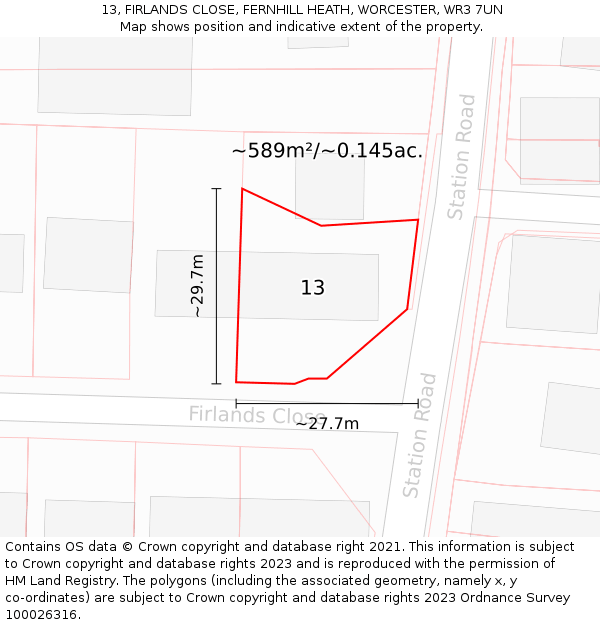 13, FIRLANDS CLOSE, FERNHILL HEATH, WORCESTER, WR3 7UN: Plot and title map