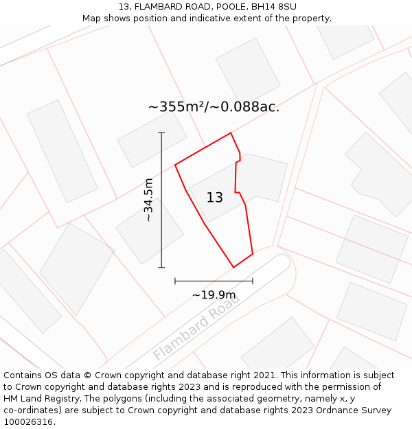 13, FLAMBARD ROAD, POOLE, BH14 8SU: Plot and title map