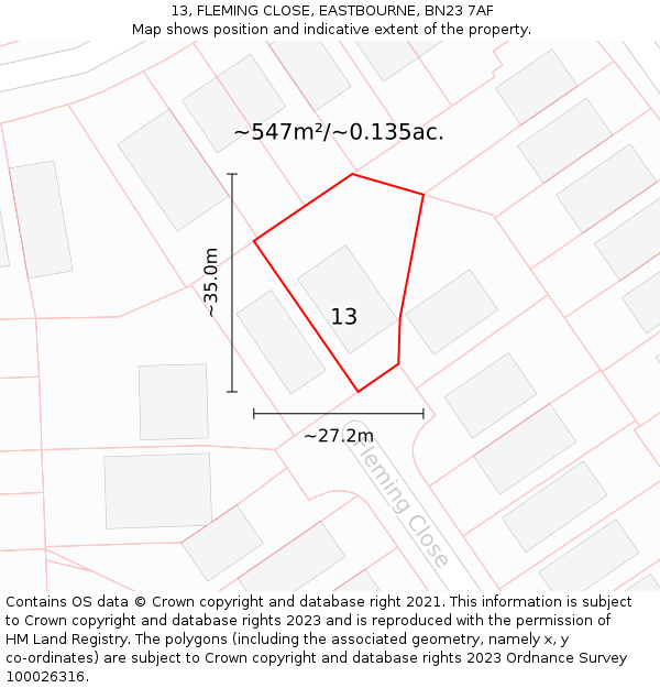 13, FLEMING CLOSE, EASTBOURNE, BN23 7AF: Plot and title map