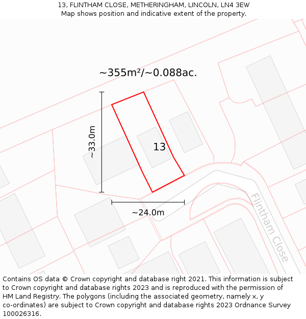 13, FLINTHAM CLOSE, METHERINGHAM, LINCOLN, LN4 3EW: Plot and title map