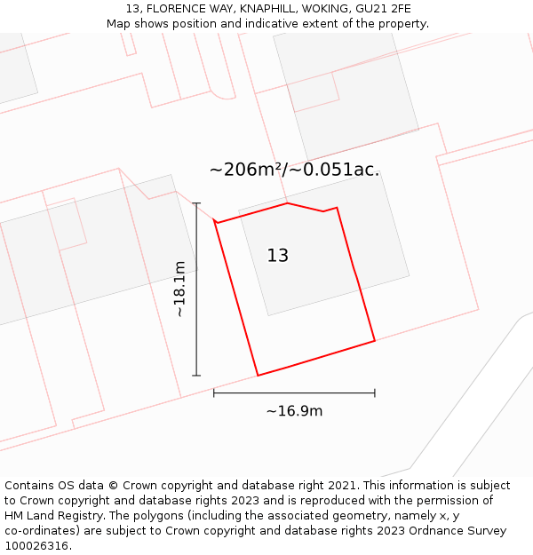 13, FLORENCE WAY, KNAPHILL, WOKING, GU21 2FE: Plot and title map