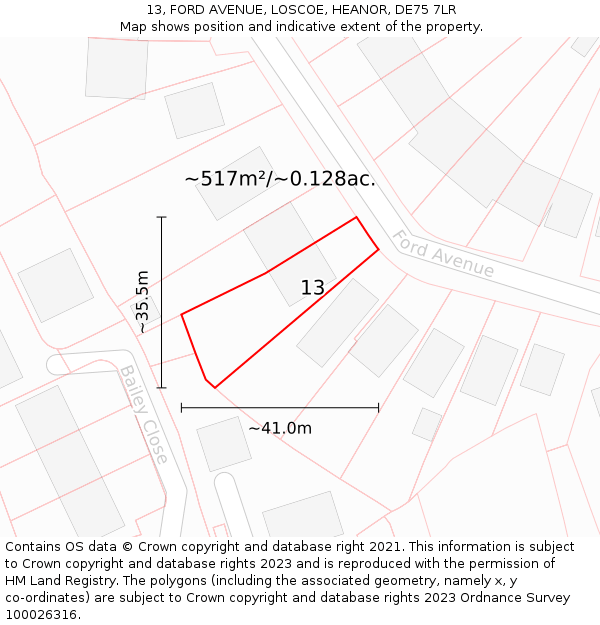 13, FORD AVENUE, LOSCOE, HEANOR, DE75 7LR: Plot and title map