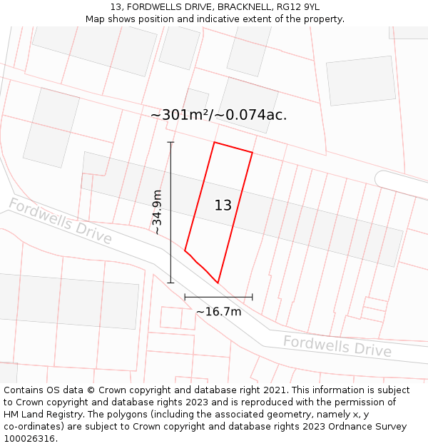 13, FORDWELLS DRIVE, BRACKNELL, RG12 9YL: Plot and title map