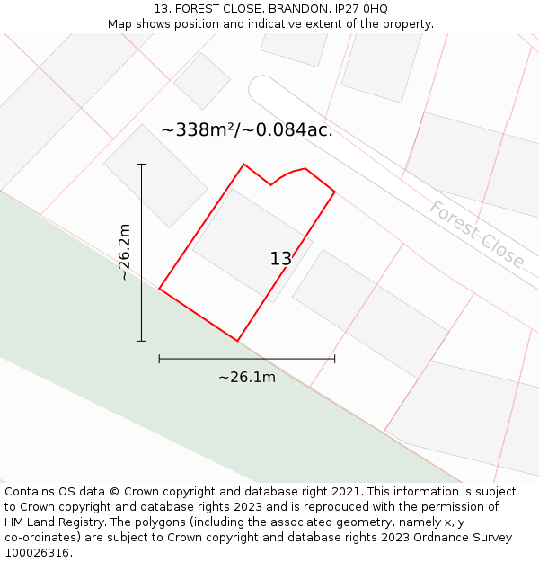 13, FOREST CLOSE, BRANDON, IP27 0HQ: Plot and title map