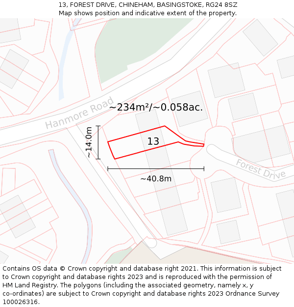 13, FOREST DRIVE, CHINEHAM, BASINGSTOKE, RG24 8SZ: Plot and title map