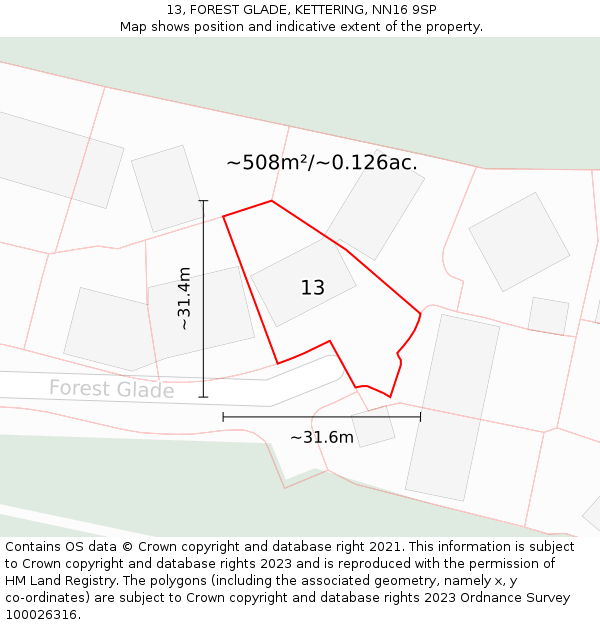 13, FOREST GLADE, KETTERING, NN16 9SP: Plot and title map