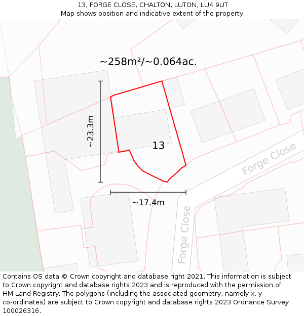 13, FORGE CLOSE, CHALTON, LUTON, LU4 9UT: Plot and title map