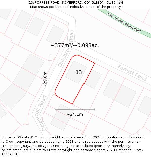 13, FORREST ROAD, SOMERFORD, CONGLETON, CW12 4YN: Plot and title map