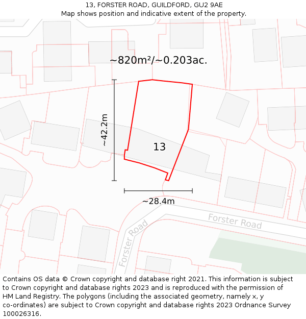 13, FORSTER ROAD, GUILDFORD, GU2 9AE: Plot and title map