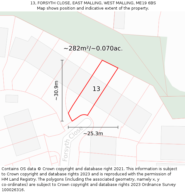 13, FORSYTH CLOSE, EAST MALLING, WEST MALLING, ME19 6BS: Plot and title map