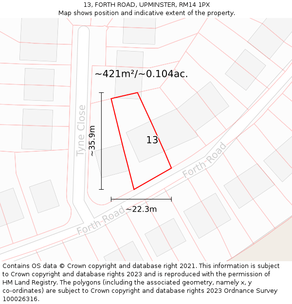 13, FORTH ROAD, UPMINSTER, RM14 1PX: Plot and title map