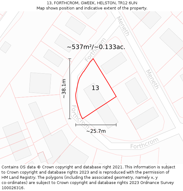 13, FORTHCROM, GWEEK, HELSTON, TR12 6UN: Plot and title map