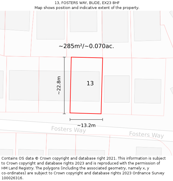 13, FOSTERS WAY, BUDE, EX23 8HF: Plot and title map