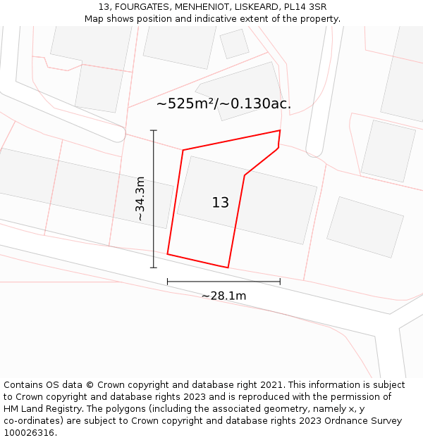 13, FOURGATES, MENHENIOT, LISKEARD, PL14 3SR: Plot and title map