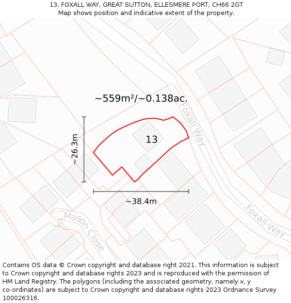 13, FOXALL WAY, GREAT SUTTON, ELLESMERE PORT, CH66 2GT: Plot and title map