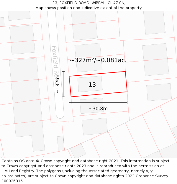 13, FOXFIELD ROAD, WIRRAL, CH47 0NJ: Plot and title map