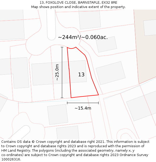 13, FOXGLOVE CLOSE, BARNSTAPLE, EX32 8RE: Plot and title map