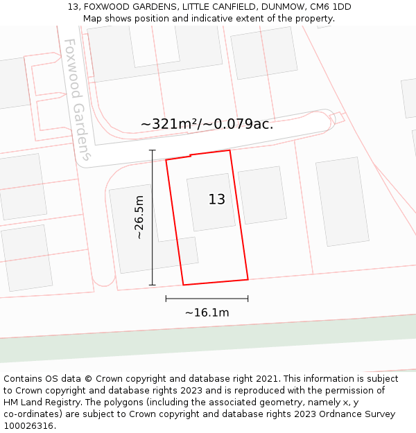 13, FOXWOOD GARDENS, LITTLE CANFIELD, DUNMOW, CM6 1DD: Plot and title map