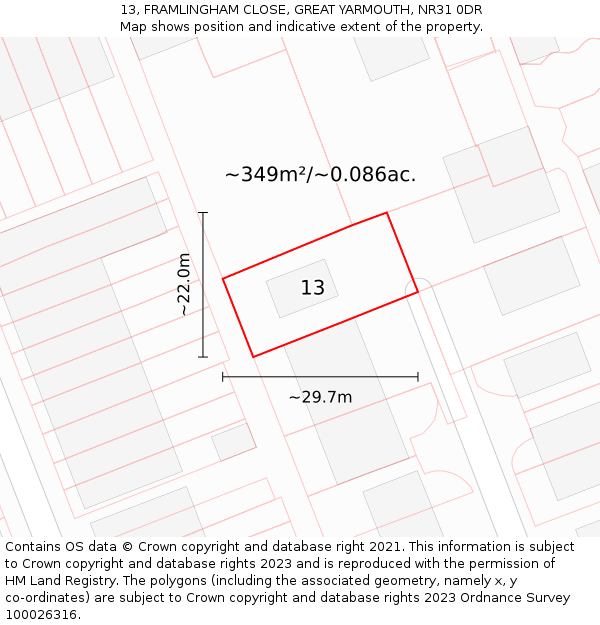 13, FRAMLINGHAM CLOSE, GREAT YARMOUTH, NR31 0DR: Plot and title map