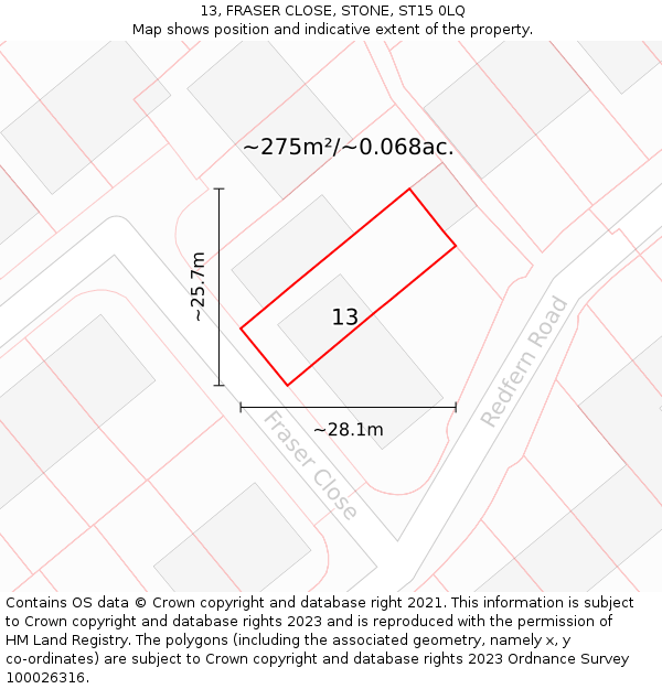13, FRASER CLOSE, STONE, ST15 0LQ: Plot and title map