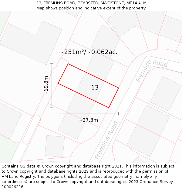 13, FREMLINS ROAD, BEARSTED, MAIDSTONE, ME14 4HA: Plot and title map