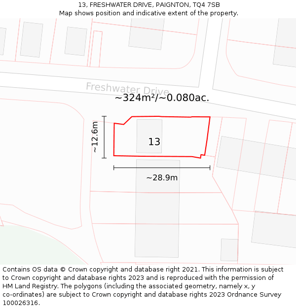 13, FRESHWATER DRIVE, PAIGNTON, TQ4 7SB: Plot and title map