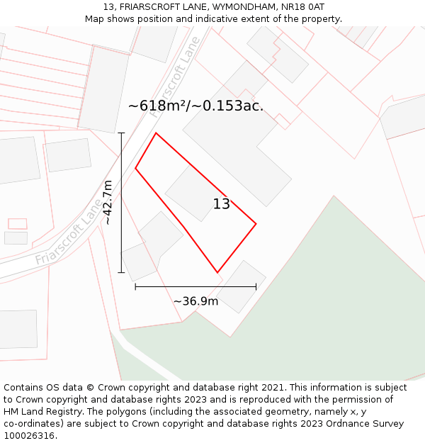 13, FRIARSCROFT LANE, WYMONDHAM, NR18 0AT: Plot and title map