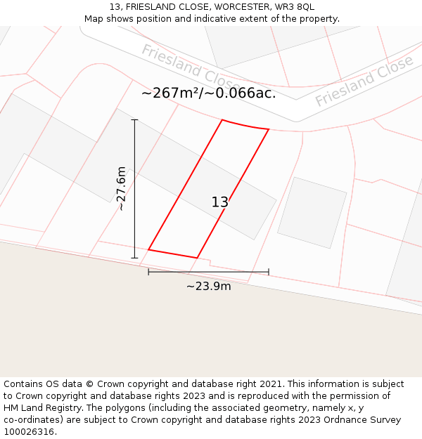 13, FRIESLAND CLOSE, WORCESTER, WR3 8QL: Plot and title map