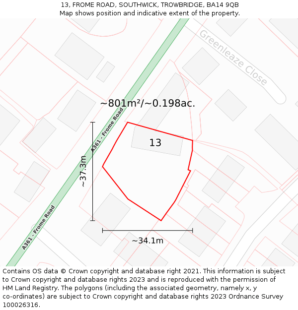 13, FROME ROAD, SOUTHWICK, TROWBRIDGE, BA14 9QB: Plot and title map