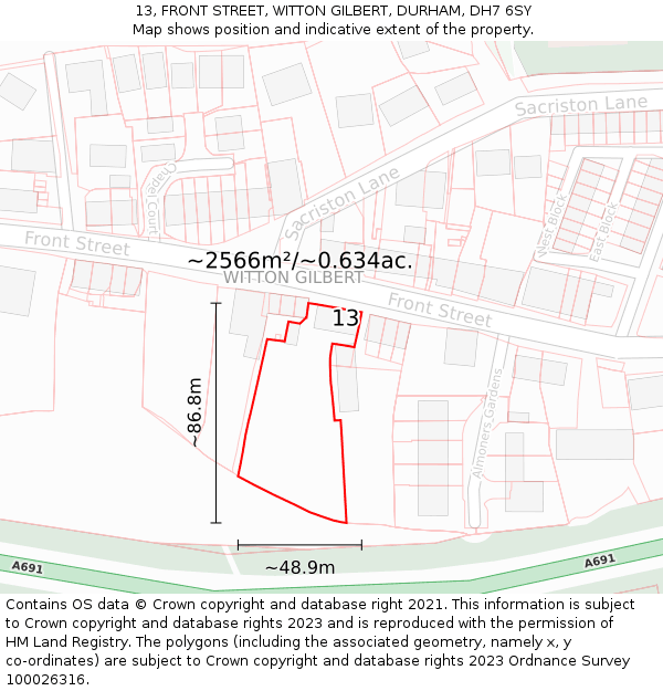 13, FRONT STREET, WITTON GILBERT, DURHAM, DH7 6SY: Plot and title map