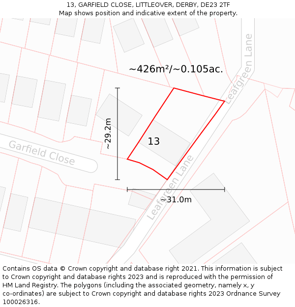 13, GARFIELD CLOSE, LITTLEOVER, DERBY, DE23 2TF: Plot and title map