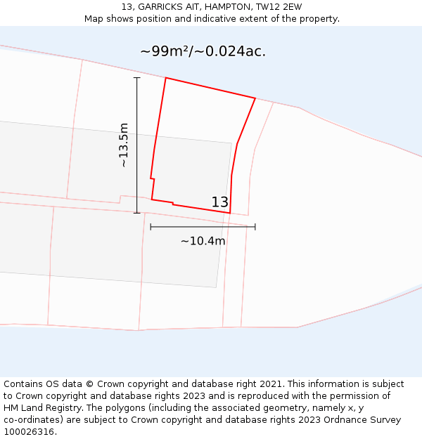 13, GARRICKS AIT, HAMPTON, TW12 2EW: Plot and title map