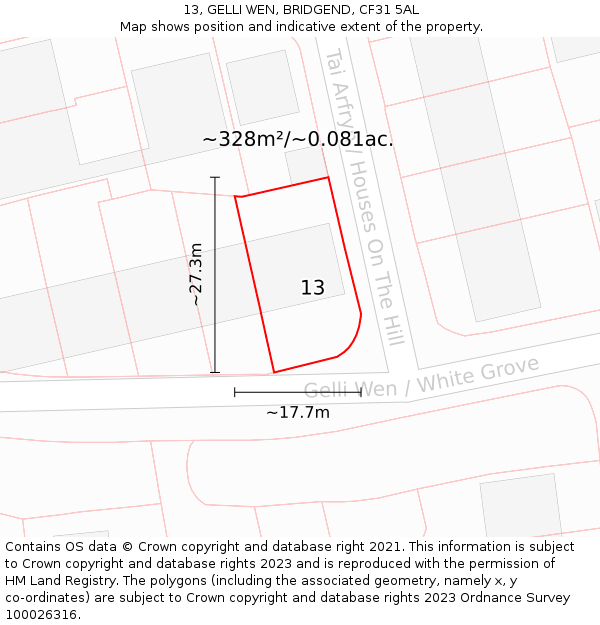 13, GELLI WEN, BRIDGEND, CF31 5AL: Plot and title map