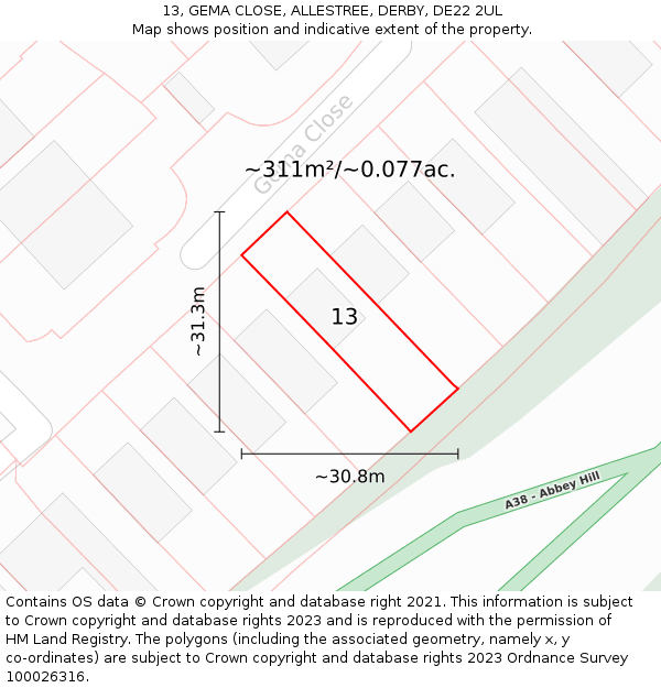 13, GEMA CLOSE, ALLESTREE, DERBY, DE22 2UL: Plot and title map