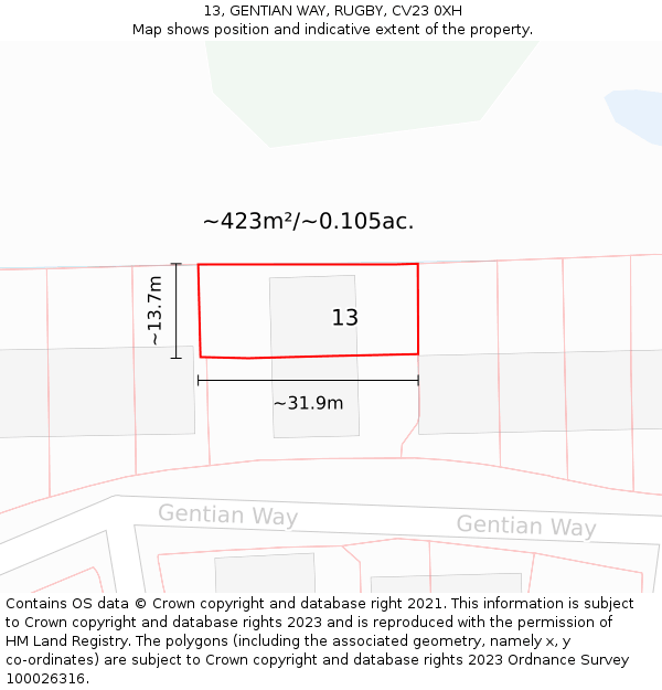 13, GENTIAN WAY, RUGBY, CV23 0XH: Plot and title map