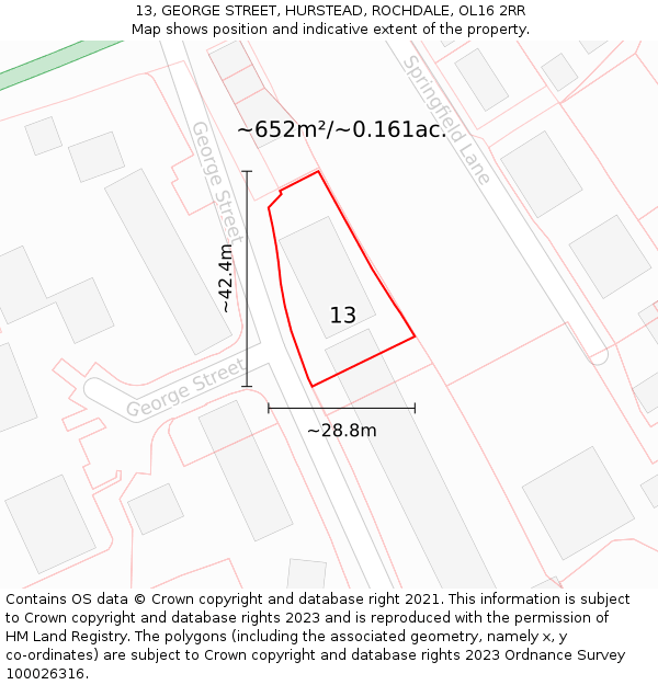 13, GEORGE STREET, HURSTEAD, ROCHDALE, OL16 2RR: Plot and title map