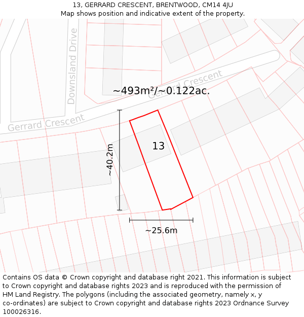 13, GERRARD CRESCENT, BRENTWOOD, CM14 4JU: Plot and title map