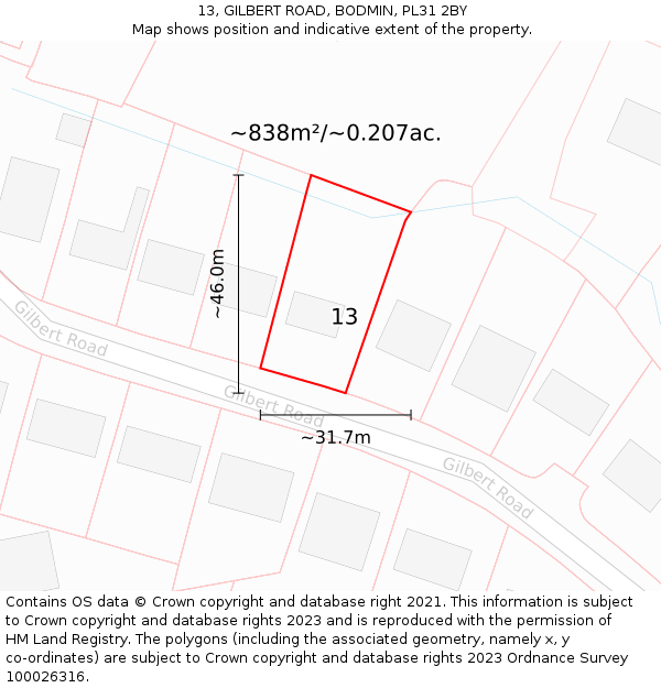 13, GILBERT ROAD, BODMIN, PL31 2BY: Plot and title map