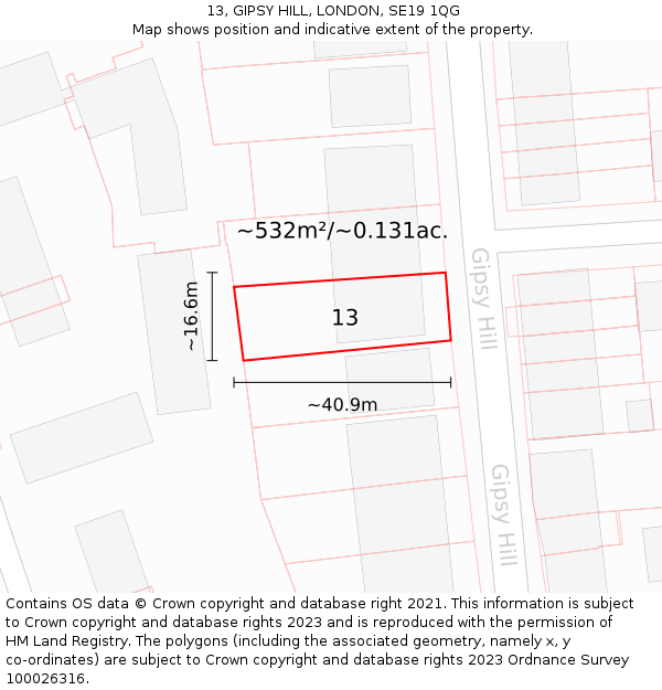 13, GIPSY HILL, LONDON, SE19 1QG: Plot and title map
