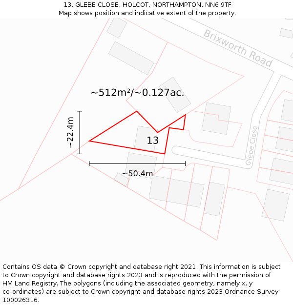 13, GLEBE CLOSE, HOLCOT, NORTHAMPTON, NN6 9TF: Plot and title map