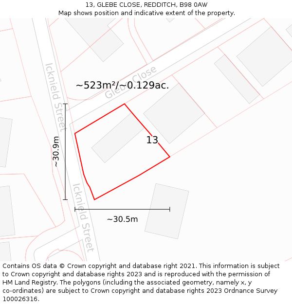 13, GLEBE CLOSE, REDDITCH, B98 0AW: Plot and title map
